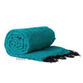 TRIBAL SOLID BLANKET Teal with Black Fringes Mexican Decor SOUTHWESTERN 4' x 6'