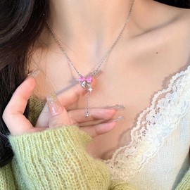 Xmsrn Vintage Crystal Bow Drop Y Necklace Rhinestone Bow Choker Necklace Tiny Star Y Drop Necklace CZ Rhinestone Y Lariat Necklace for Women, Zinc, No Gemstone