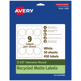 Avery EcoFriendly Matte White Recycled Round Labels, 2.5" Diameter, Print-to-The-Edge, Matte White Labels, Permanent Label Adhesive, Laser/Inkjet, 450 Printable Labels