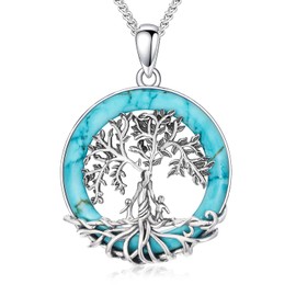 DOLIOX Real Turquoise Necklace for Mom Tree of Life Pendant 925 Sterling Silver Circle Genuine Gemstone December Birthstone Jewelry for Mother