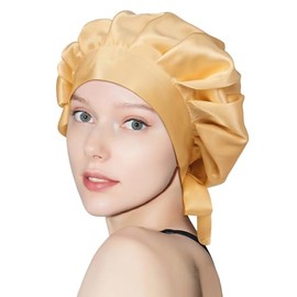 OLESILK OLESILK Mulberry Silk Bonnet for Sleeping Bowknot, Double-Side Silk Sleep Cap for Curly Hair Care, Hair Bonnet for Afro Wavy Long Hair, Night Cap for Women, Gold