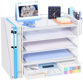 OPNICE Desk Organizers and Accessories with File Holder, 5-Tier Office Desk Accessories & Workspace Desktop Organizer with Drawer and 2 Pen Holder, File Paper Organizer for Office Supplies(White)
