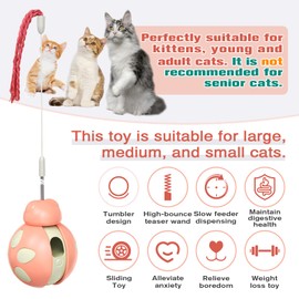 CYBERNOVA Interactive Cat Toy With spring-loaded Teaser Wand, Built -in Wobble Treat Dispenser/Pet puzzle Toy/Slow Feeder for Cats and Kitten (pink)