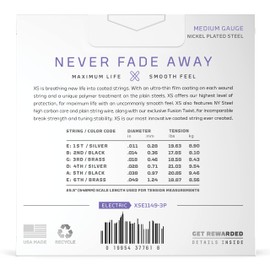 D'Addario Guitar Strings - XS Nickel Coated Electric Guitar Strings - XSE1149 - Maximum Life with Smooth Feel & Exceptional Tone - For 6 String Guitars - 11-49 Medium, 3-Pack