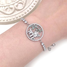 JunyiDIY Silver Plated Elephant Bracelet for Mom - Tennis Zircon Box Chain Slider Bracelet - Mother Tree Green Crystal Bracelet -Mother's Day Gift From Son Daughter