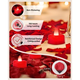 Amagic 1000 Pieces Red Artificial Rose Petals with 12 Red Heart LED Tea Lights, Rose Petals and Candles Set for Proposal, Anniversary, Valentine's Day, Romantic Night, Wedding Decor