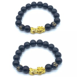 Unbranded 2pcs Feng shui Luck Black Bead Bracelet Golden Pi Xiu/Pi Yao Nice Gift Bracelet