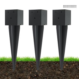 3 Pcs 4 "x 4 "Fence Post Anchors Ground Spike (Actual 3.6 ” X 3.6”)，Heavy Duty Metal Fence Stakes Post Base 16'' with Black Powder Coated Support for Mailboxes, Fences, Trellis Posts, Banners.