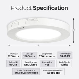 Diodesy 5Color Motion Sensor Ceiling Light, 120V CRI90 12W, 5 inch 2700K/3000K/3500K/4000K/5000K Selectable LED Flush Mount Fixture for Garage, Walk-in Closet, Attic, Pantry, ETL Listed