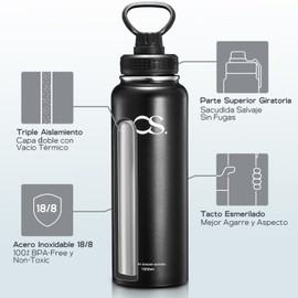 OSLIFE Termo Acero Inoxidable,Thermoflask para Cafe,Botella de Agua con 2 Tapas,Agua Fría 24 Horas o Caliente 12 Horas,Hermética Antigoteo,contigo,senderismo Water Bottle para (Negro, 1.2 Litros)