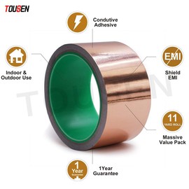 TOUSEN Double Conductive Copper Foil Tape (0.05mm x 1.5" x 33FT) – 99.95% Pure EMI Shielding, 0.05mm Thick for Electronics & Grounding