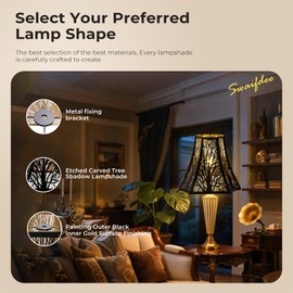 Black & Gold Octagonal Court Style Forest Pattern Etched Metal Lamp shades.