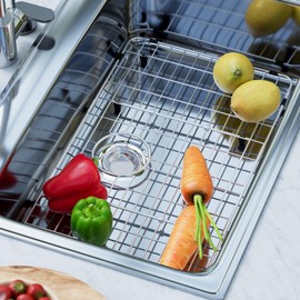 GEDLIRE Stainless Steel Sink Grate Protector for Bottom of Kitchen Sink, 28.74" x 14.37" Metal Kitchen Sink Grid with Rear Drain, Curve Corner Sink Rack with Sink Strainer for Single Sink Bowl