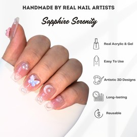 Hanakoko Handmade Press-On Nails, Floral Designs with Glitter and Pearls (Sapphire Serenity, M)
