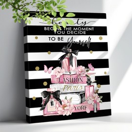 Fashion Pink Bathroom Decor Wall Art Pink Flower Perfume Pictures Canvas Wall Art Modern Black White Striped Motivational Quetos Girly Makeup Room Framed Artwork Painting Wall Decor For Bedroom 8"X10"