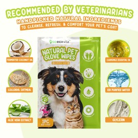 GoEcoVita Pet Glove Wipes for Dogs & Cats | Nourish & Clean Fur & Skin | Coconut Oil & Chamomile Rinse-Free Wipes | Bathing Glove Wipes for Daily Care and Travel | Natural, Hypoallergenic (8 Pack)