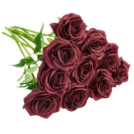 IUKnot Artificial Rose 10pcs Open Flower Bouquet Faux Rose Stems for Wedding Arrangement, Bridal Bouquet, Centerpiece, Fake Faux Silk Flowers (Burgundy)