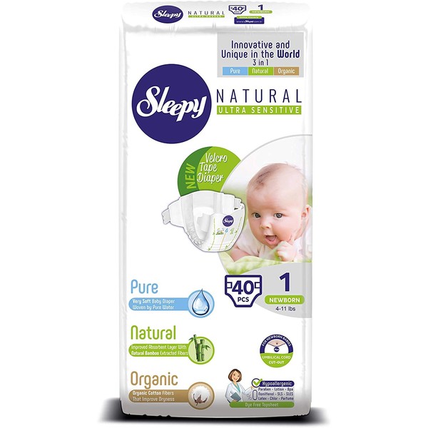 SOHO|Sleepy Natural Baby Diapers, Made from Organic Cotton and Bamboo Extract, Ultimate Comfort and Dryness, Disposable Diapers (Size 1 | 40 Count | Child Weight 4-11 lbs)