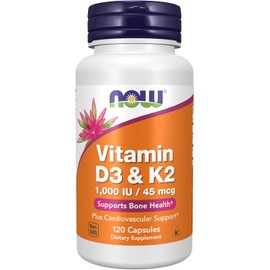 NOW Supplements Vitamin D-3 & K-2, 1,000 IU / 45 mcg – Cardiovascular Support* & Bone Health Support*, 120 Veg Capsules