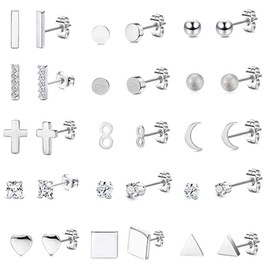 MOBOTECH Stud Earrings, 15 Pair Set, Unisex, Cartilage Earrings, Binaural, Zirconia, Simple, Surgical Stainless Steel, Hypoallergenic (Silver)