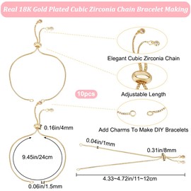 Beebeecraft 1 Box 10Pcs Chain Bracelet Making 18K Gold Plated Cubic Zirconia Slider Bracelet Chains Adjustable Extender Chain for DIY Jewellery Making Crafts