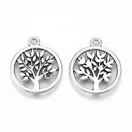 Airssory 50 Pcs Flat Round with Tree Life Charms Antique Silver Small Charm Pendants for Jewelry Making DIY Craft - 20x17mm