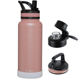 OLDLEY 32 oz Insulated Water Bottle With Straw, Stainless Steel Sports Water Cup Flask with 3 Lids(Straw, Spout and Handle Lid) Double Walled Travel Thermal Canteen Mug,Rose Gold