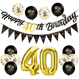 Afirbeone 40th Birthday Decorations Set, Including Black Gold Happy 40th Birthday Banner, Triangle Flag Banner, Confetti Latex Balloons and Aluminum Foil Balloons, for Birthday Party Decoration