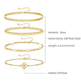 Gold Bracelets for Women, 24K Real Gold Plated A-Z Letter Sets Link Chain Bracelets Stack, Trendy Adjustable Bracelets Dainty Jewelry (D)