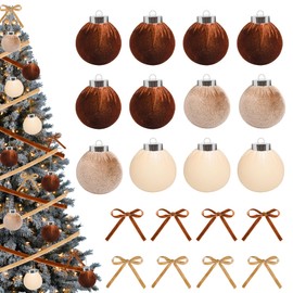 12Pcs Velvet Christmas Balls Ornaments and Ribbon Bows 2.4 Inch Flocked Xmas Tree Hanging Decorations for Holiday Party Wedding Brown Khaki Beige