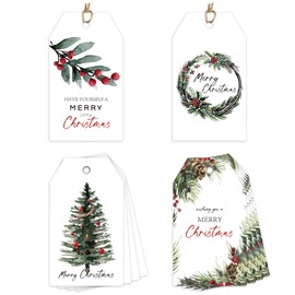 Christmas Gift Tags with String Attached – 48PCS Holiday Gift Name Tags for Presents, 4 Festive Designs, Includes 10.5 Yards Twine – Xmas Tags for Bags, Stickers, Cards, Crafts