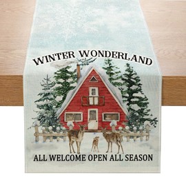 ZCHOMI Winter Deer Trees Table Runner 13x72 Inch Snow Treehouse Winter Kitchen Dinning Table Decoration for Home Party Decor