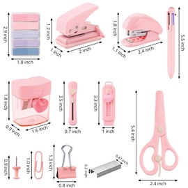 Pink Mini Office Supply Kit Mini School Supplies Desk Accessory Set Includes Mini Stapler Pencil Sharpener Staple Remover Hole Punch Ballpoint Pen Scissor Box Cutter Paper Clips Sticky Index Tabs