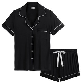 Joyaria Ladies Button Down Bamboo Viscose Pajamas Set Short Sleeve Pj Shorts Set Night Sweat(Black,XXL)