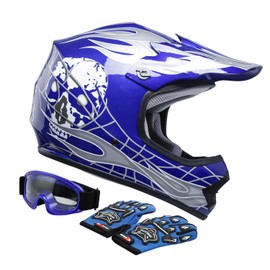 TCT-MOTORPARTS DOT Kids Youth Motocross Helmets ATV Off-Road Dirt Bike Motorcycle Full Face Blue Skull Helmet+Gloves+Goggles Medium