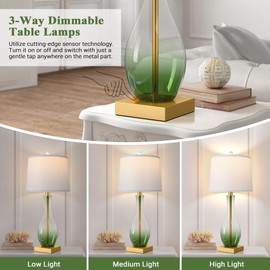 3-Way Dimmable Modern Glass table lamp for Living Room, Green Table Lamps Set of 2 with Touch Control, USB C and A Charging Ports, 27" Bedside Desk Lamps for Nightstand Decorations(LED Bulbs Included)