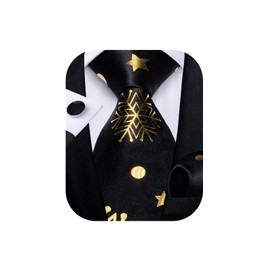 DiBanGu Christmas Ties for Men Xmas Holiday Necktie and Pocket Square Cufflinks Set Vacation Festive Necktie with Gift Box, Black and Gold Star, One Size