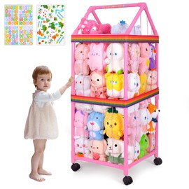 FIOBEE Stuffed Animals Storage Zoo with Wheels 360 Degree Movable Plushies Toy Storage Organizer Large Stuffed Animal Holder Cage with DIY Stickers for Nursery Play Room Kids Room Organization, Pink