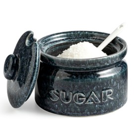 Gomakren Sugar Bowl with Lid and Spoon, Sugar Container Sugar Dish 10oz, Ceramic Sugar Jar for Coffee Bar, Kitchen, Countertop - Modern Farmhouse Kitchen Christmas Decor, Blue