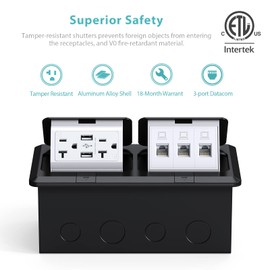 WEBANG Dual Pop-Up Floor Box Electrical Kit, 20 Amp Stainless Steel USB TR Receptacle Outlet, 3-Port RJ45 Datacom Receptacle, Black