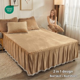 LIFEREVO Luxury Pom Poms Velvet Bed Skirt, Velvet Wrap Around Bed Skirt, Diamond Quilted Fitted Bed Sheet Bedskirt, 18 Inch Drop Dust Ruffle Decorative Bedspread Pompoms Fringe(Twin/Twin XL, Camel)