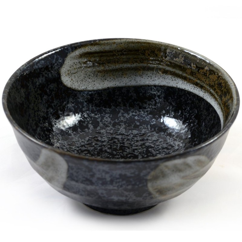 Japanese Ceramic Noodle, Sushi & Soup Bowl in Mottled Black