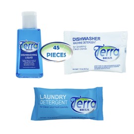 Travel Detergent Packets & Dish Soap | Terra Breeze 1-Shoppe All-In-Kit Bulk Hotel Size Amenities for AirBnB & Rentals | Travel Dish Soap, Dishwasher Detergent & Scent Free Laundry Detergent | 45 Pcs