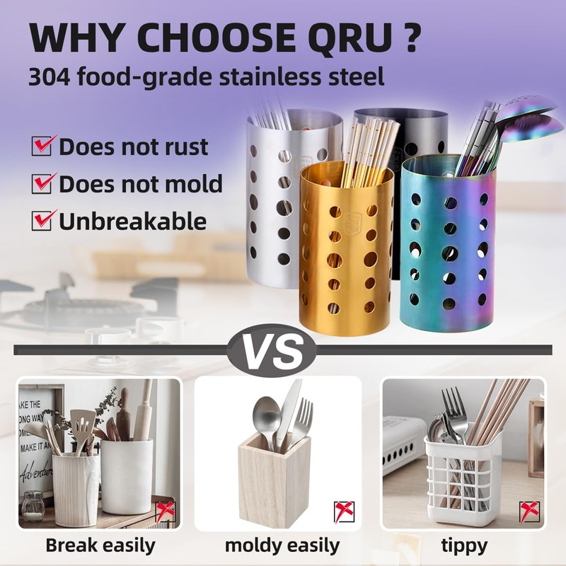 QRU Kitchen Utensil Holder for Countertop (H6.7” x W4.1”), Stainless