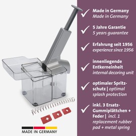 Westmark 407022E6 Cherry Corer with Chute and Large Core Cassette, Includes 4-Piece Wear Parts Set, Plastic/Stainless Steel/Aluminium, Cherry Omat, Silver/Black/Transparent