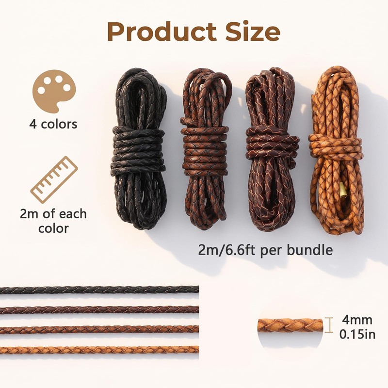 Genuine Leather String Cord, 8M Braided Leather Cord, Bolo Tie