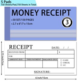 Money Receipt 5 Pack, 2.75x6 Inch Pocket Size Carbonless Copy Receipt, 3-Part Carbonless Receipt Book for Small Business (50 Sets Per Book)