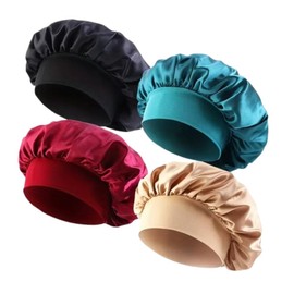 Boolavard 4 Pack Silk Bonnet for Sleeping for Women, Satin Bonnet, Double Layer Hair Cap with Satin Lining, Black+Gold+Navy+Burgundy, Unit size