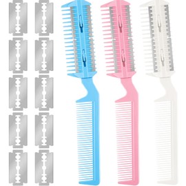 3 Pcs Haircut Razor Comb Hair Cutting Comb with 12 Replacement Blades Double Edge Shaper for Salon & Home Styling Split Ends Trimmer Styler for Thick and Thin Hair