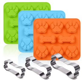Set of 6,SAGOOITS 3 Packs Silicone Molds Puppy Dog Paw & Bone Shaped 2 in 1 and Stainless Steel Cookie Cutter,for Homemade Treats Cat Animal Ice Candy Chocolate Baking Mold(Blue&Green&Orange)